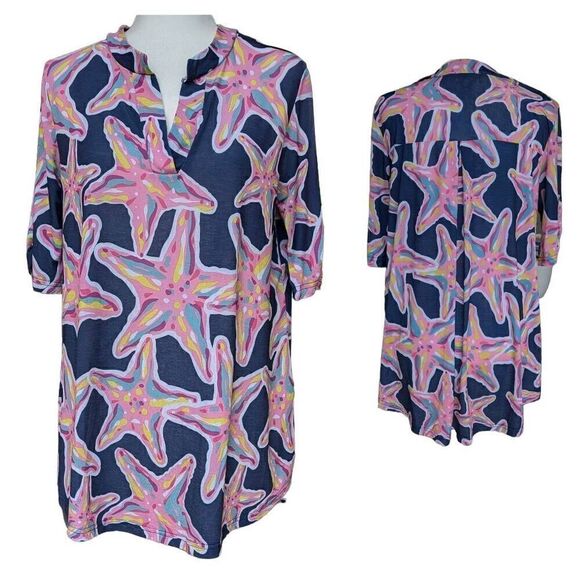Simply Southern Savannah Starfish Tunic Blouse Size S Pink Blue Yellow Navy Teal - Picture 1 of 8